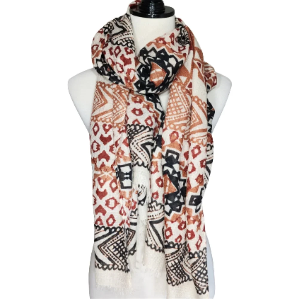 Long rectangle scarf with fringe Geometric cream burgundy burnt orange black